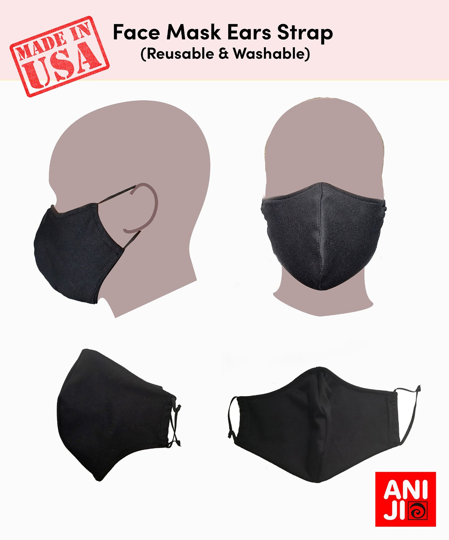 Black Face Mask, Adjustable Ear Loops